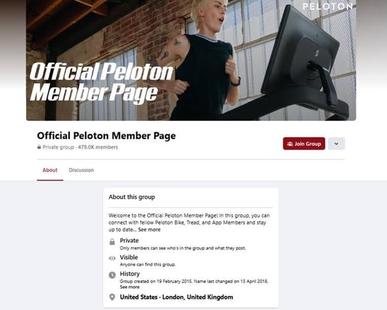 Peloton Facebook community group showing active member engagement and brand community building strategy for driving website traffic and customer loyalty